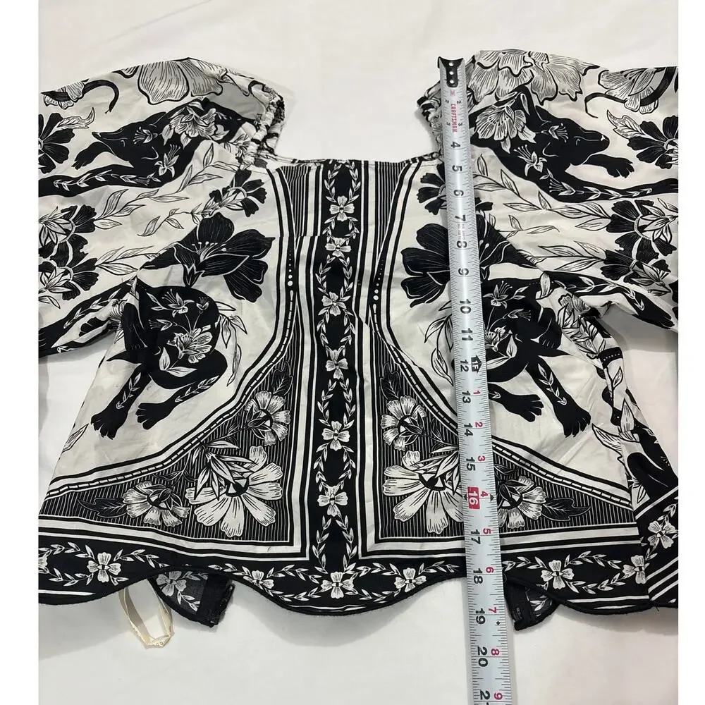 NWT Farm Rio Women’s XXS Flower Leopard Blouse Puff Sleeve Chic Boho Vacation